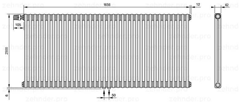 Схема (чертеж) Радиатор Zehnder Charleston 2250/36 №V007 Белый глянцевый RAL 9016